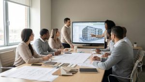 Memarların fasad dizaynı üzərində işləməsi