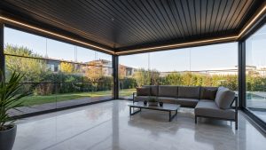 Motorlu pergola və giyotin birləşməsindən ibarət qış bağçası sistemləri modelləri
