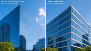 Silikon fasad vs qapaqlı fasad sistemləri ilə kommersiya binası layihəsi