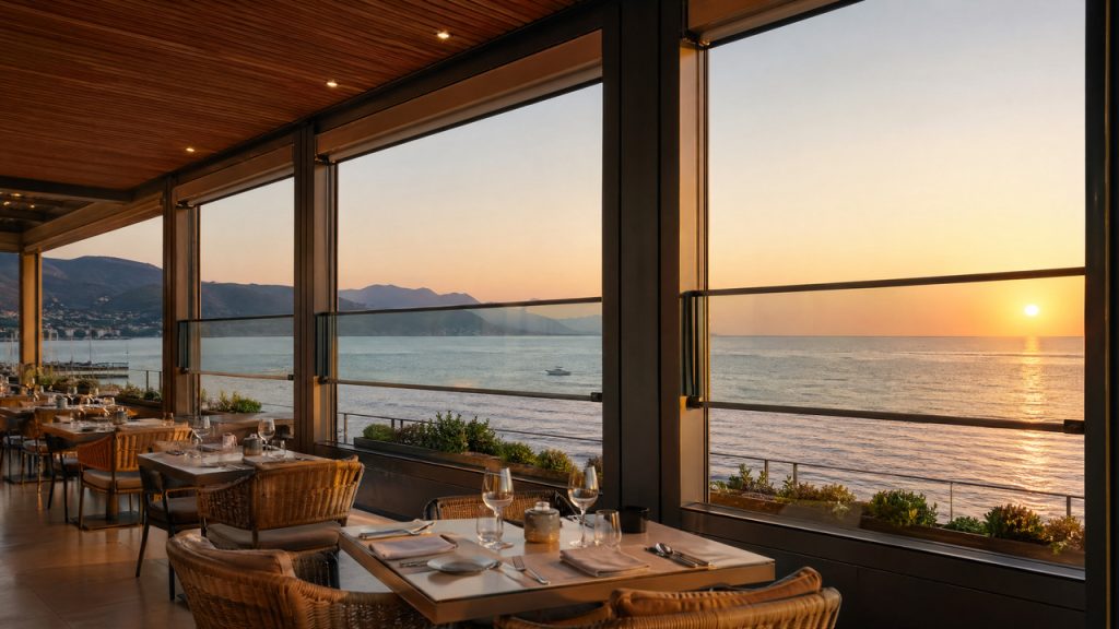 Restoranlarda istifadə edilən uzaqdan idarə olunan motorlu giyotin şüşə sistemi